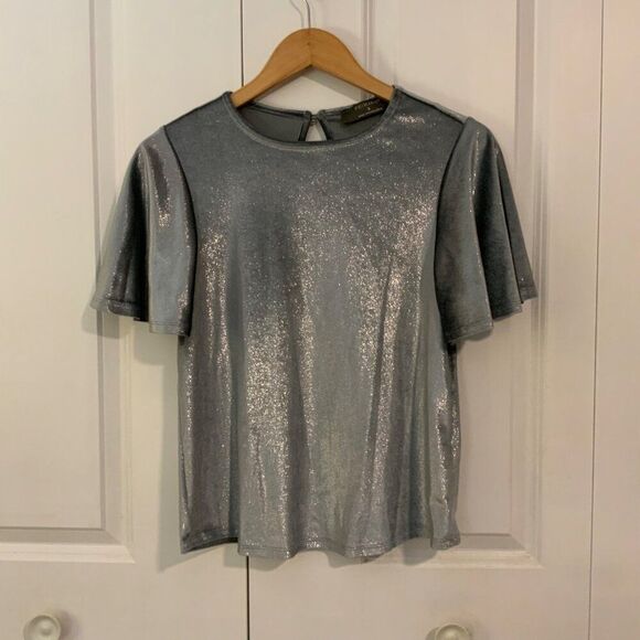 Primark Silver Grey Metallic Velvet Short Flutter Sleeve Top Small - Picture 1 of 11